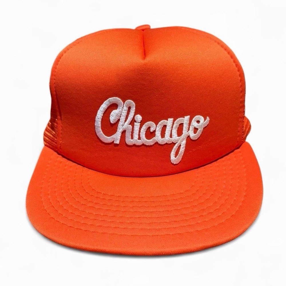 Vintage Deadstock 90s Chicago Embroidered Orange Trucker Mesh Snapback Hat OSFA